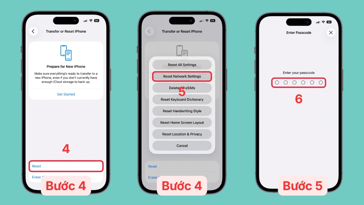 Cách khắc phục AirPods không hiện popup trên thiết bị - reset lại kết nội mạng trên iPhone - bước 4,5