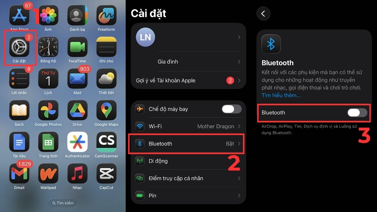 Cách khắc phục lỗi AirPods không kết nối được với iPhone - bật lại bluetooth và kiếm tra kết nối - bước 1