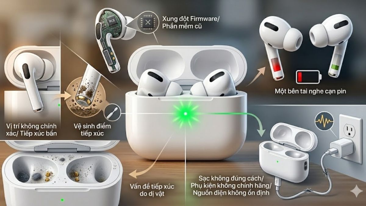 Nguyên nhân AirPods nháy đèn xanh liên tục không kết nối