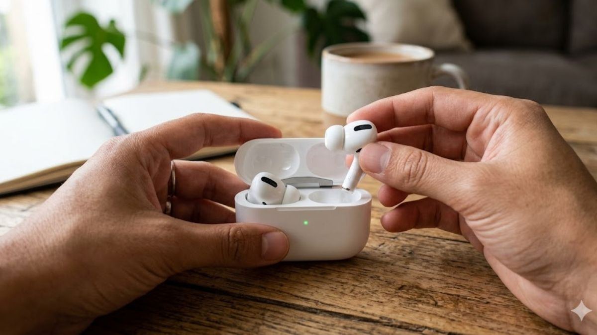 Cách khắc phục AirPods nháy đèn xanh - lấy ra và đặt lại vào hộp sạc