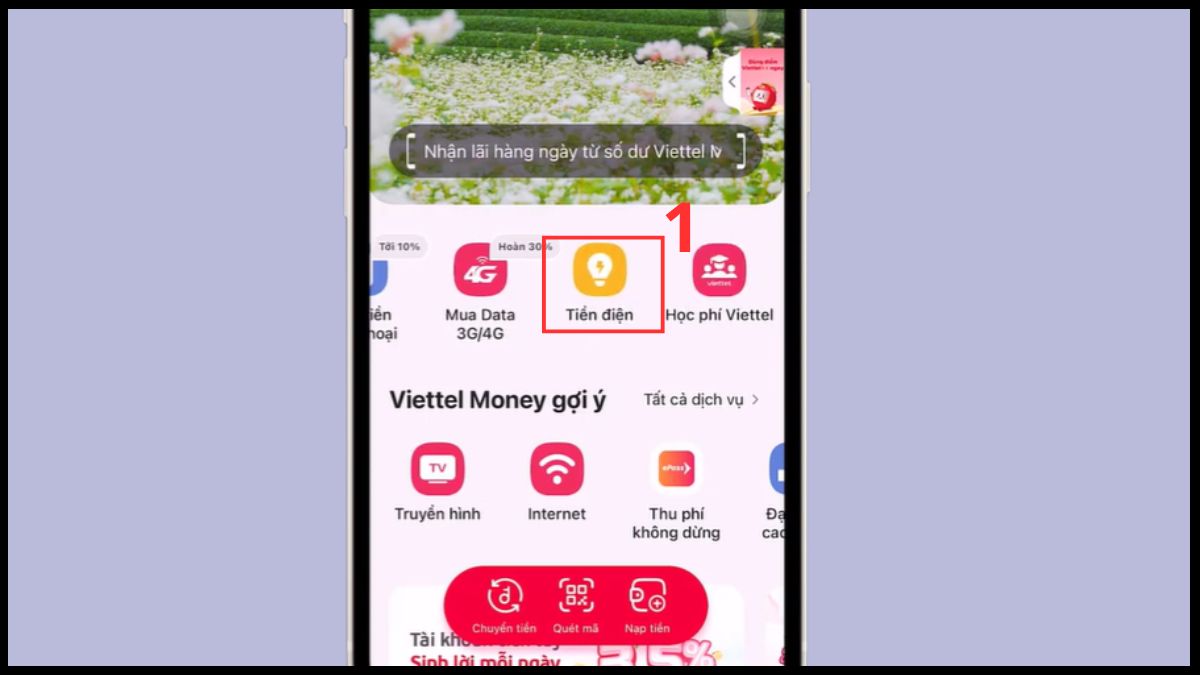 đóng tiền điện qua app Viettel Money - bước 1