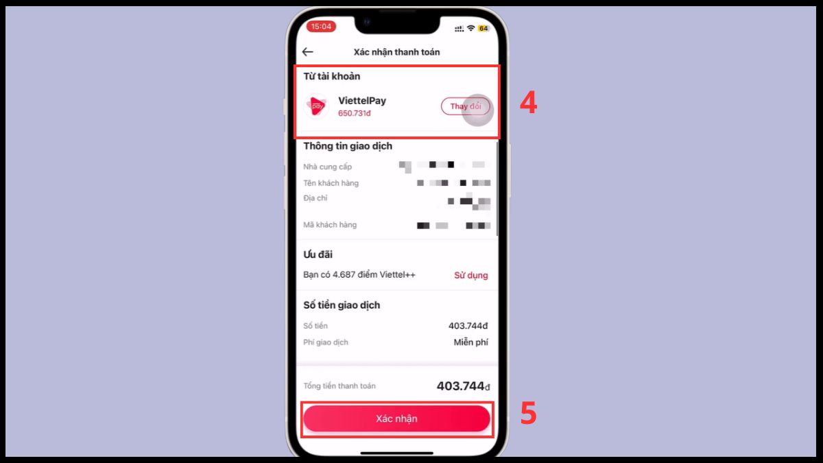 đóng tiền điện qua app Viettel Money - bước 4