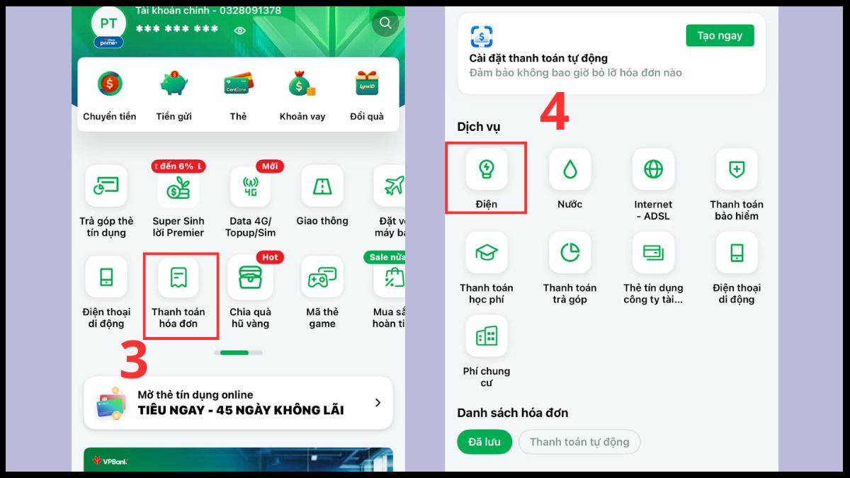 app đóng tiền điện online trên các app ngân hàng số - bước 2