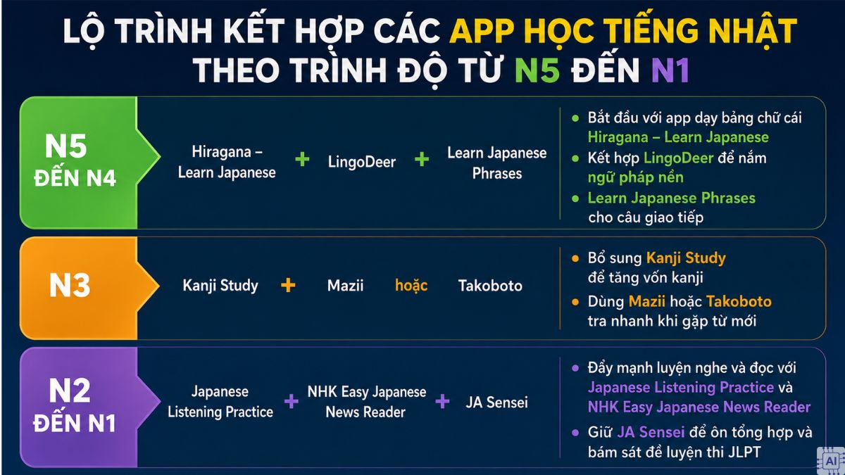 Lộ trình kết hợp các app học tiếng Nhật theo trình độ từ N5 đến N1