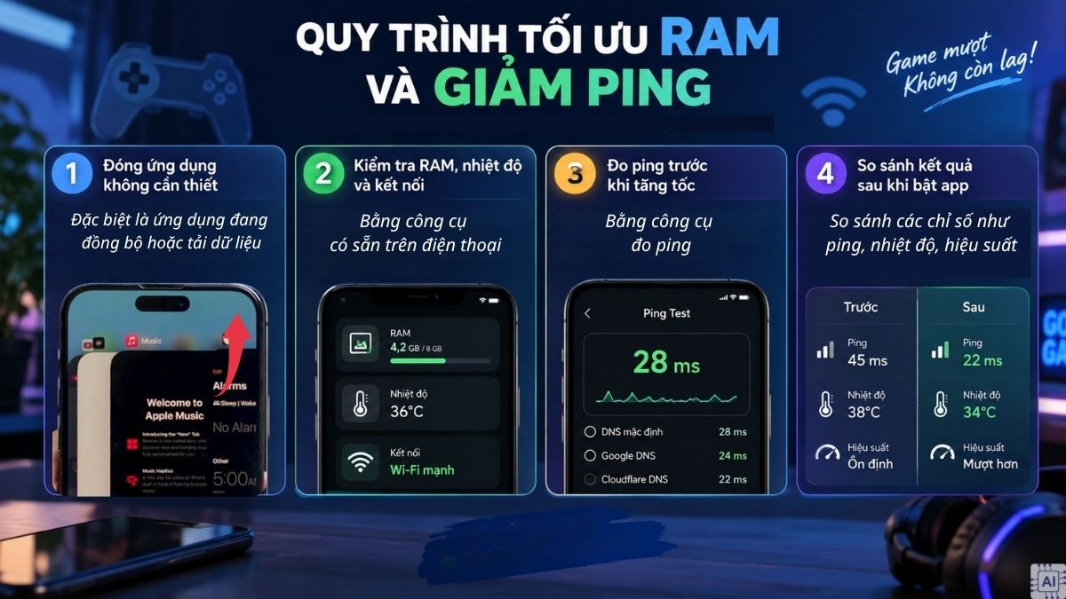 Quy trình tối ưu RAM và giảm ping của app tăng tốc game trên điện thoại
