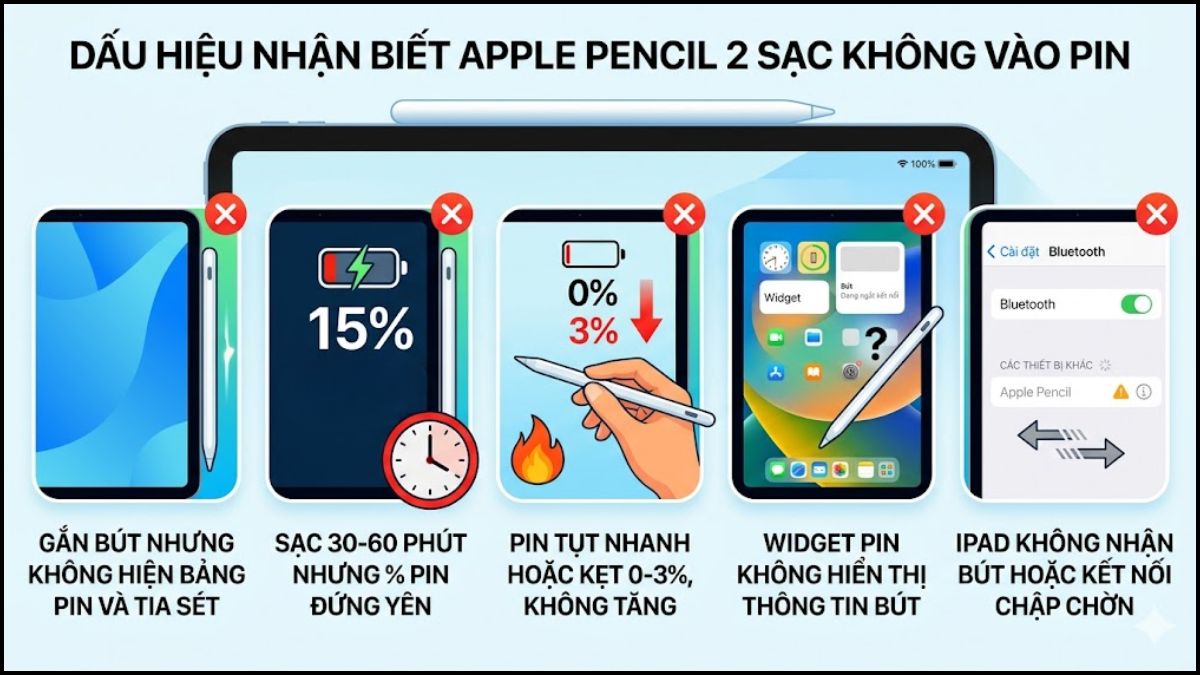 Dấu hiệu nhận biết Apple Pencil 2 sạc không vào pin