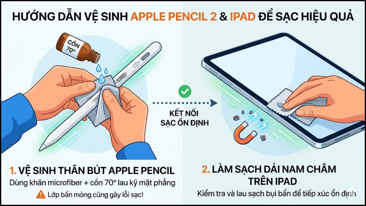 Cách khắc phục Apple Pencil 2 không lên pin - vệ sinh cổng sạc và bút