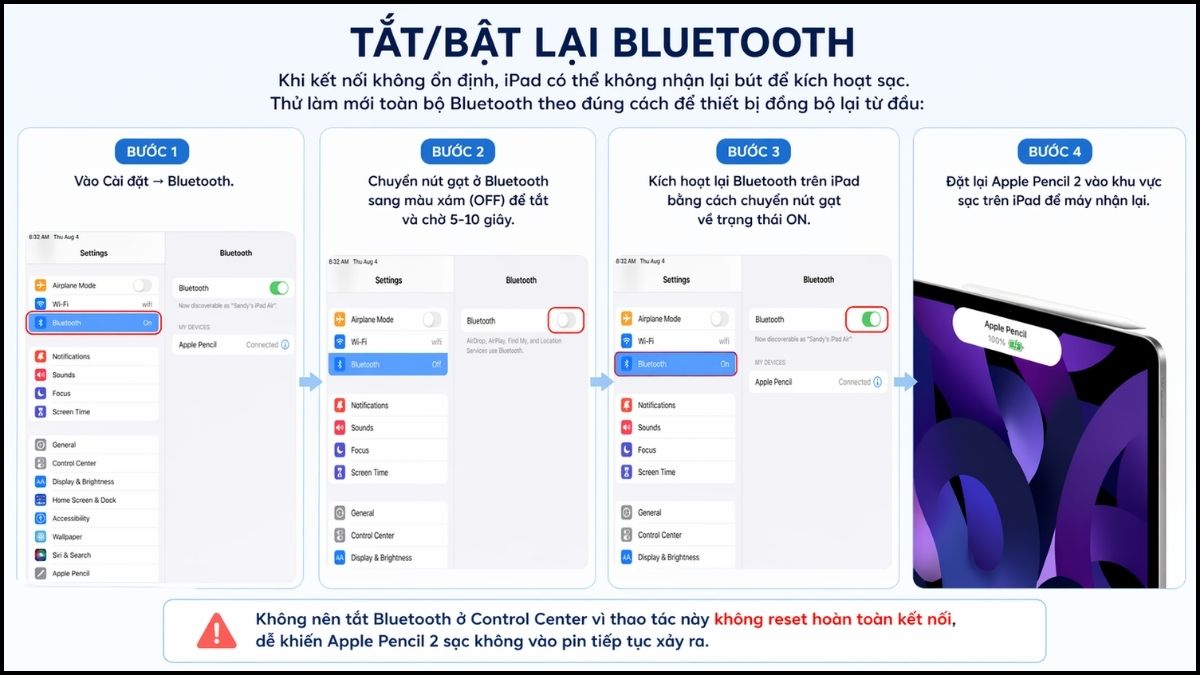 Cách khắc phục Apple Pencil 2 không lên pin - tắt/bật lại bluetooth