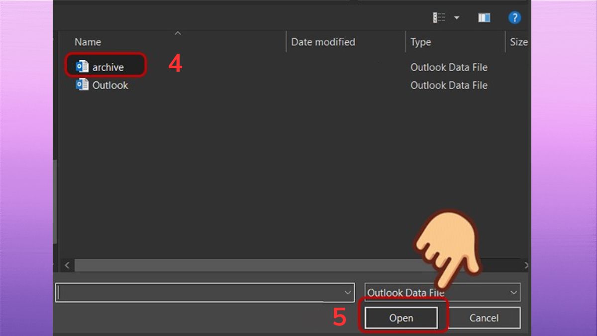 Cách mở và xem lại file archive (.pst) trong Outlook - bước 3