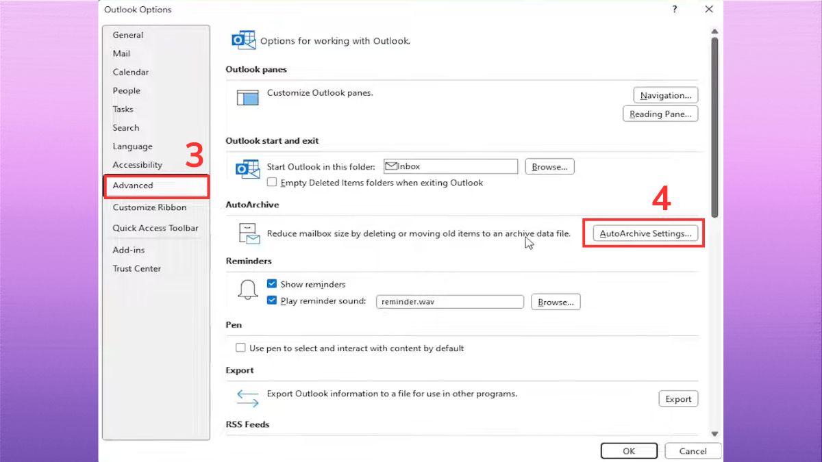 Hướng dẫn thiết lập auto archive trong Outlook - bước 2