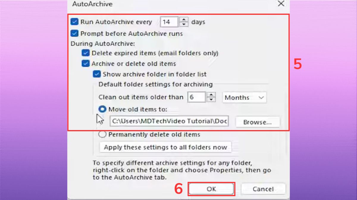 Hướng dẫn thiết lập auto archive trong Outlook - bước 3