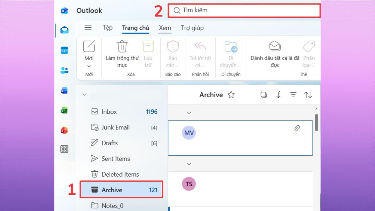 Cách tìm và khôi phục email đã archive trong Outlook - bước 1,2