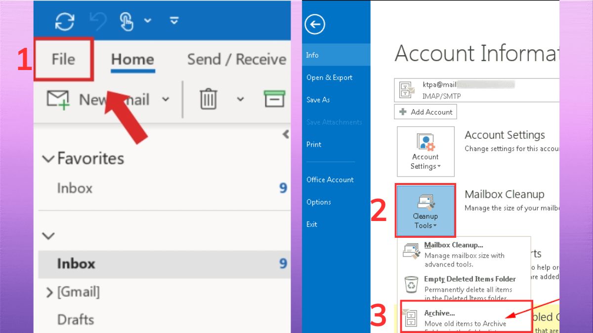 Cách archive thủ công toàn bộ hộp thư trong Outlook - bước 1, 2