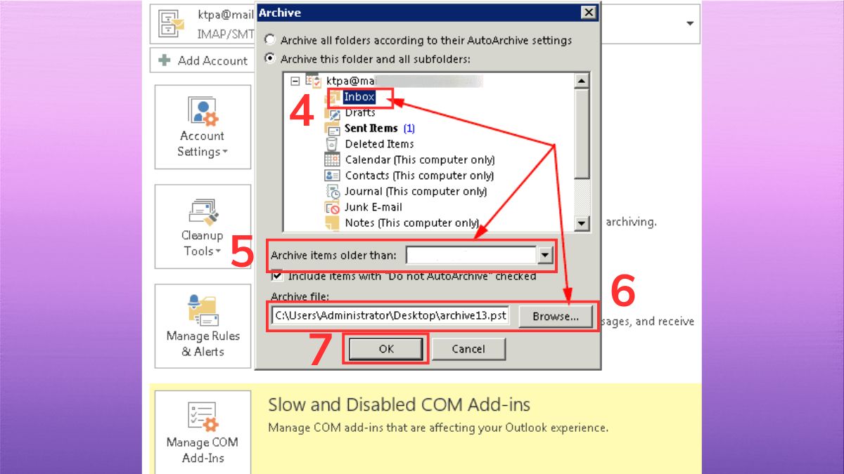 Cách archive thủ công toàn bộ hộp thư trong Outlook - bước 3