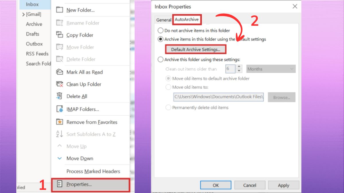 Cách archive mail theo từng folder trong Outlook - bước 1, 2