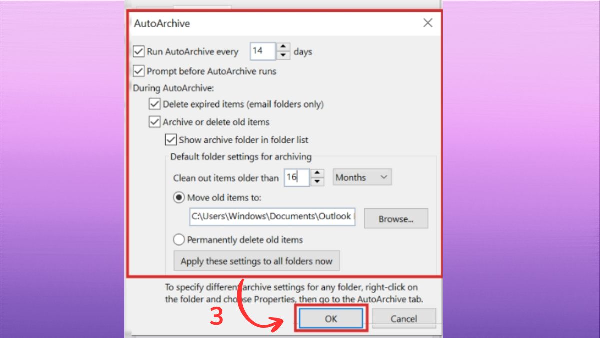 Cách archive mail theo từng folder trong Outlook - bước 3