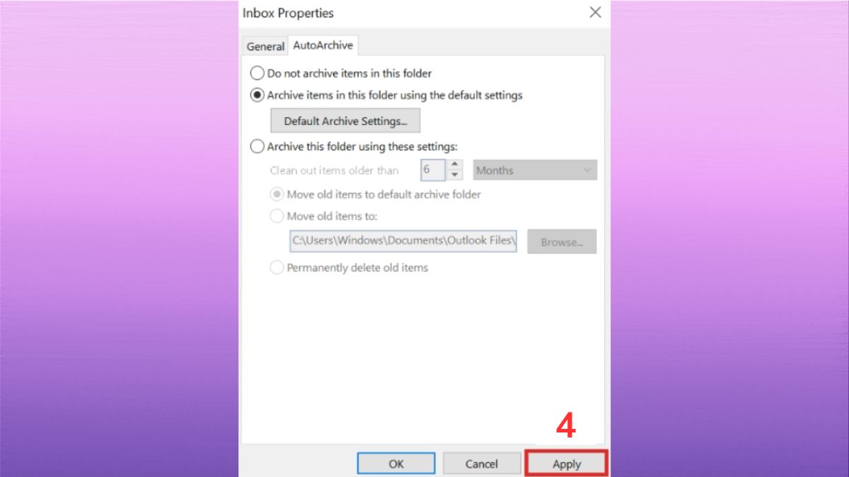 Cách archive mail theo từng folder trong Outlook - bước 4