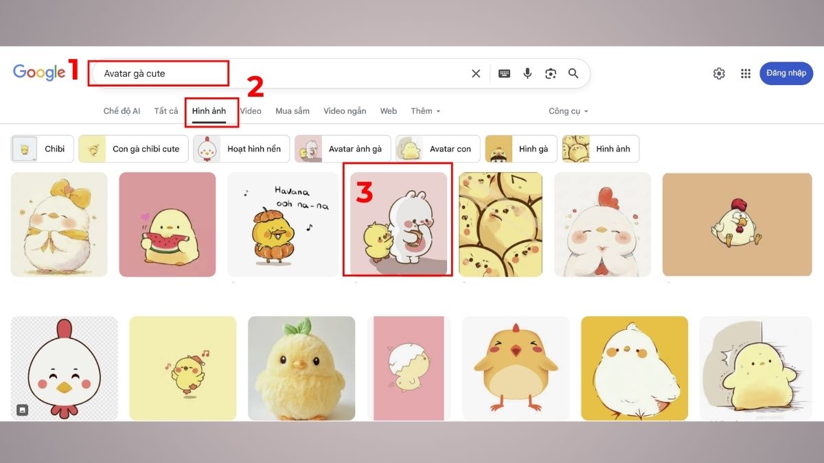 Cách tải ảnh avatar gà cute chất lượng cao - bước 1,2