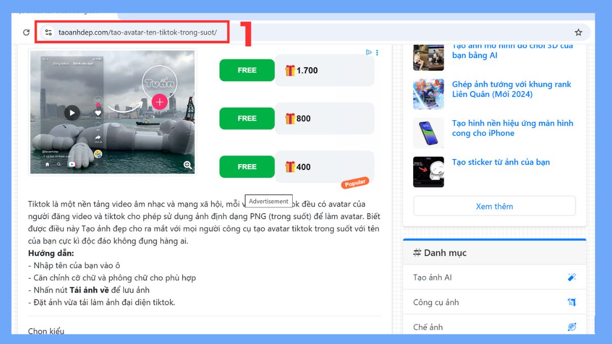 Tạo avatar trong suốt ảnh đại diện TikTok bằng website taoanhdep.com - bước 1