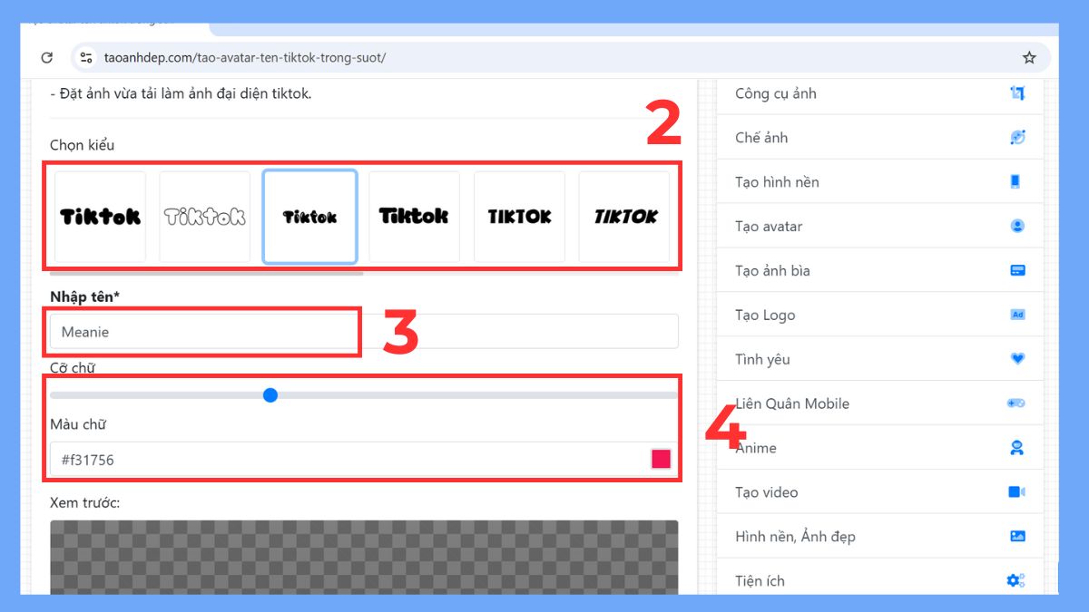 Tạo avatar trong suốt ảnh đại diện TikTok bằng website taoanhdep.com - bước 2