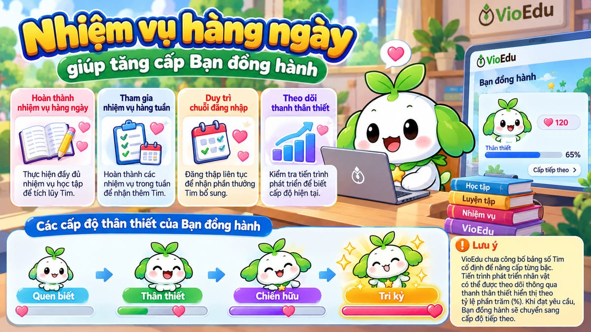 Nhiệm vụ hàng ngày giúp tăng cấp Bạn đồng hành trong vioedu