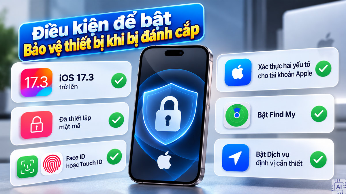 Điều kiện để bật Bảo vệ thiết bị khi bị đánh cắp
