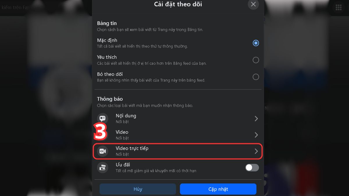 Hướng dẫn cách bật, tắt thông báo Live Stream trên Facebook trên máy tính - bước 2