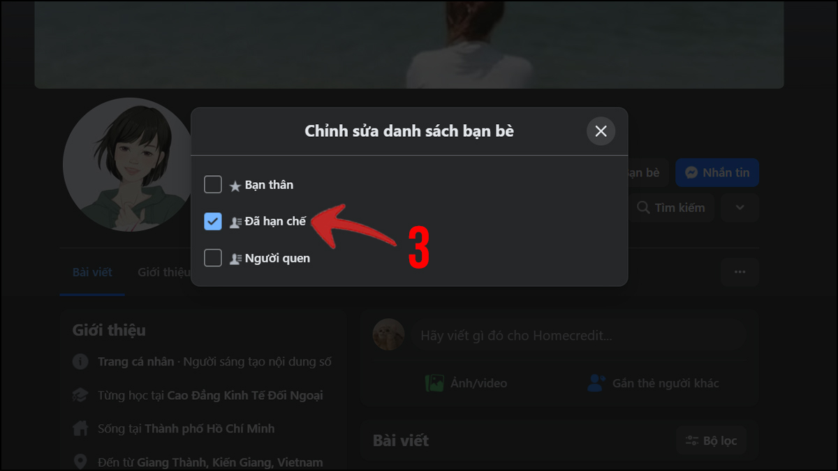 cách bình luận Facebook không cho người khác thấy thêm bạn bè vào danh sách hạn chế trên máy tính- bước 3