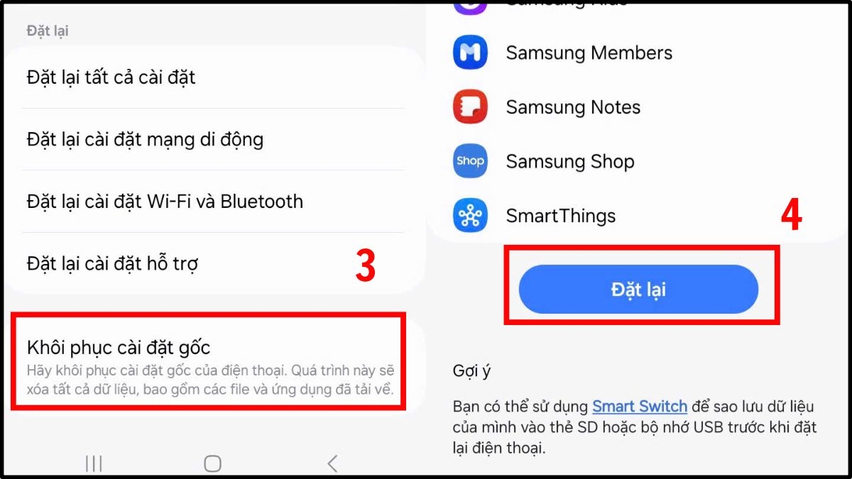 Khôi phục cài đặt gốc trên điện thoại Samsung khi bị đầy bộ nhớ - bước 3,4