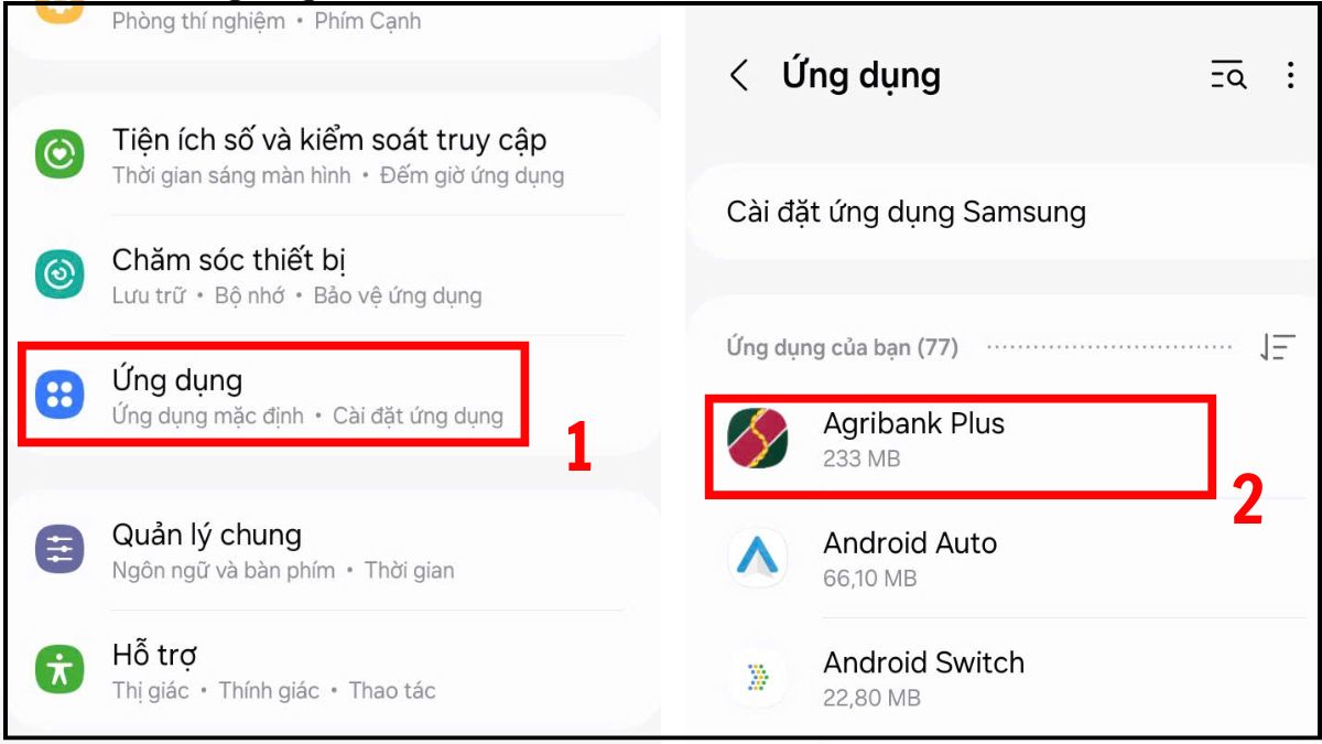 Xóa bộ nhớ cache quản lý dung lượng Samsung - bước 1,2