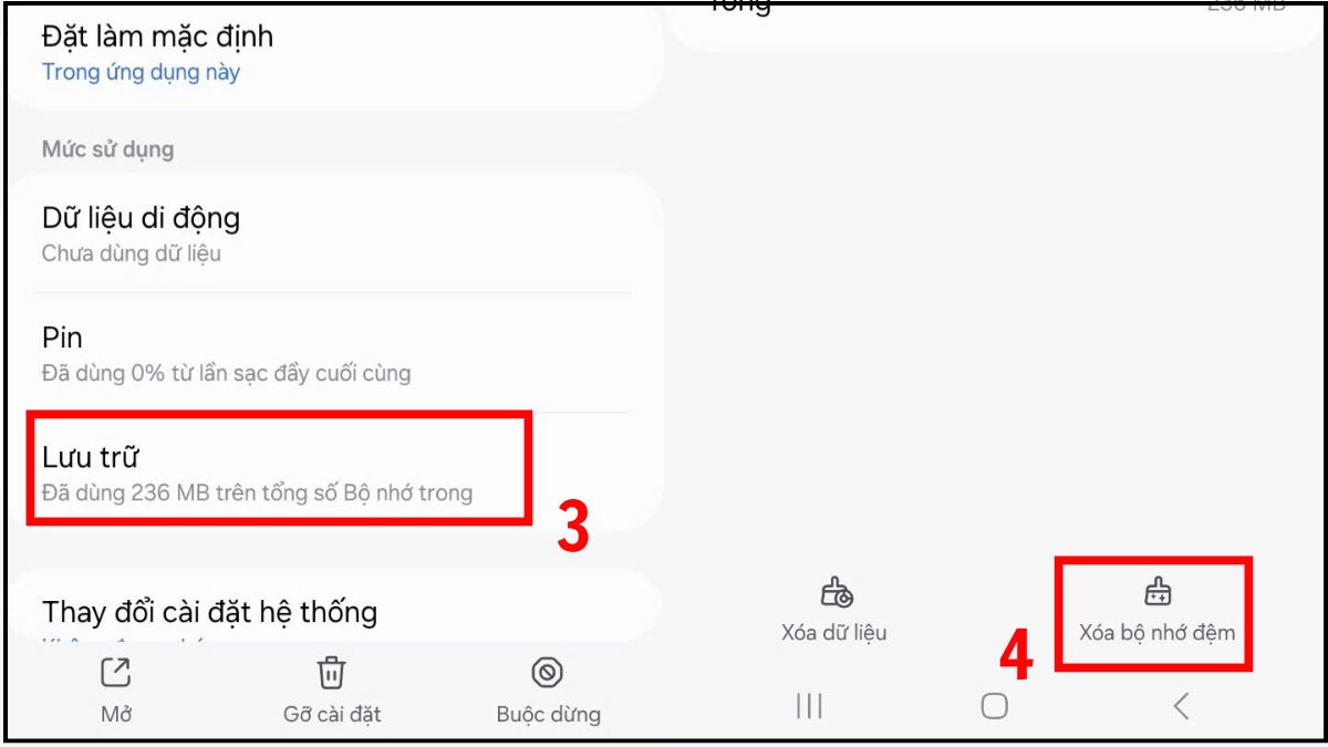 Xóa bộ nhớ cache quản lý dung lượng Samsung - bước 3,4
