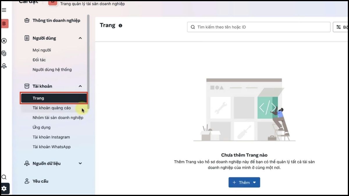 Thêm Fanpage vào Business Facebook - bước 1