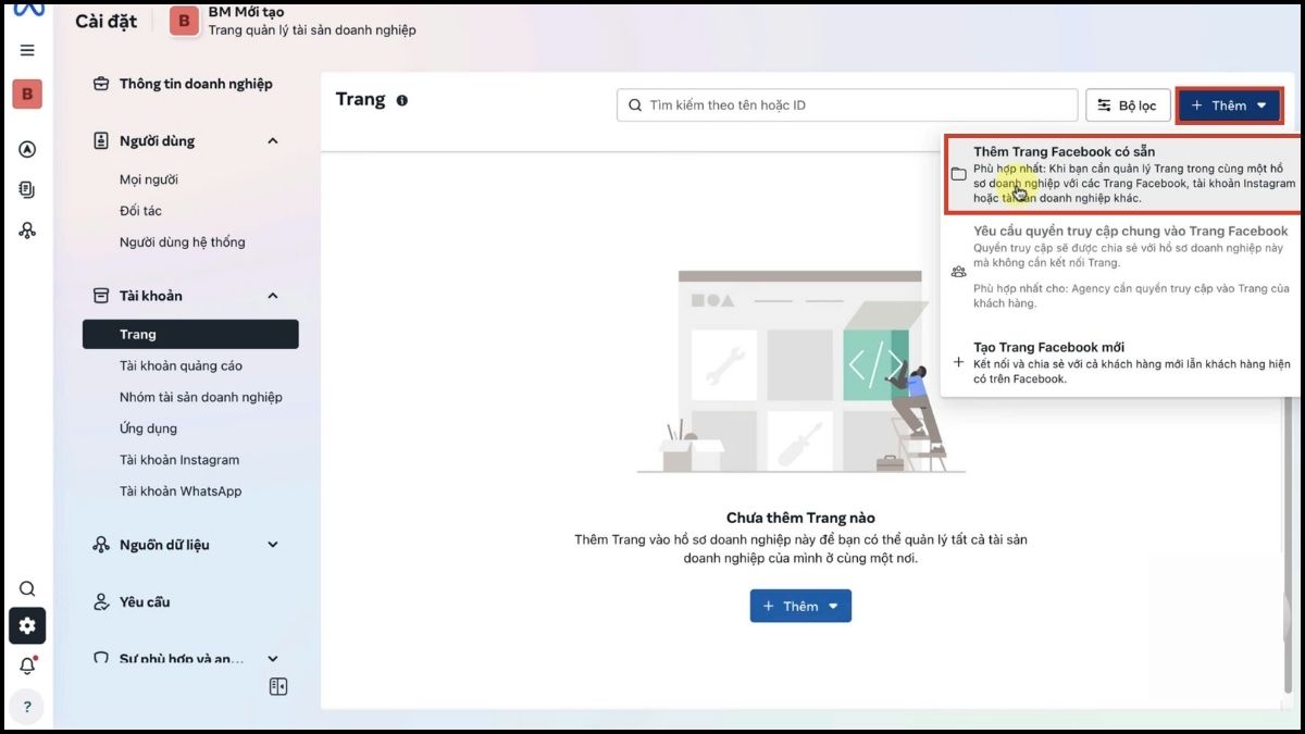 Thêm Fanpage vào Business Facebook - bước 2