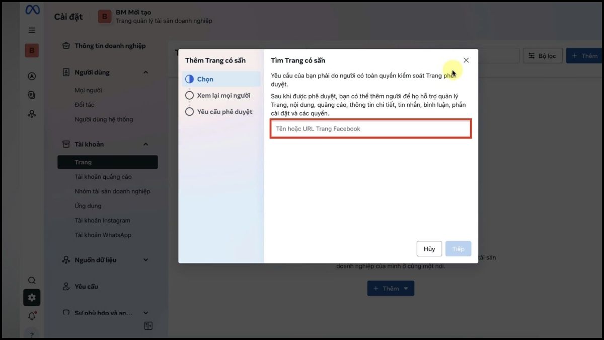 Thêm Fanpage vào Business Facebook - bước 3