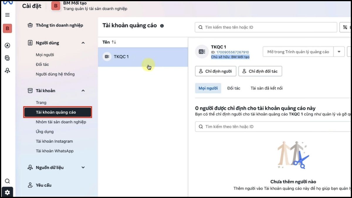 Thêm tài khoản quảng cáo vào Business Facebook - bước 1