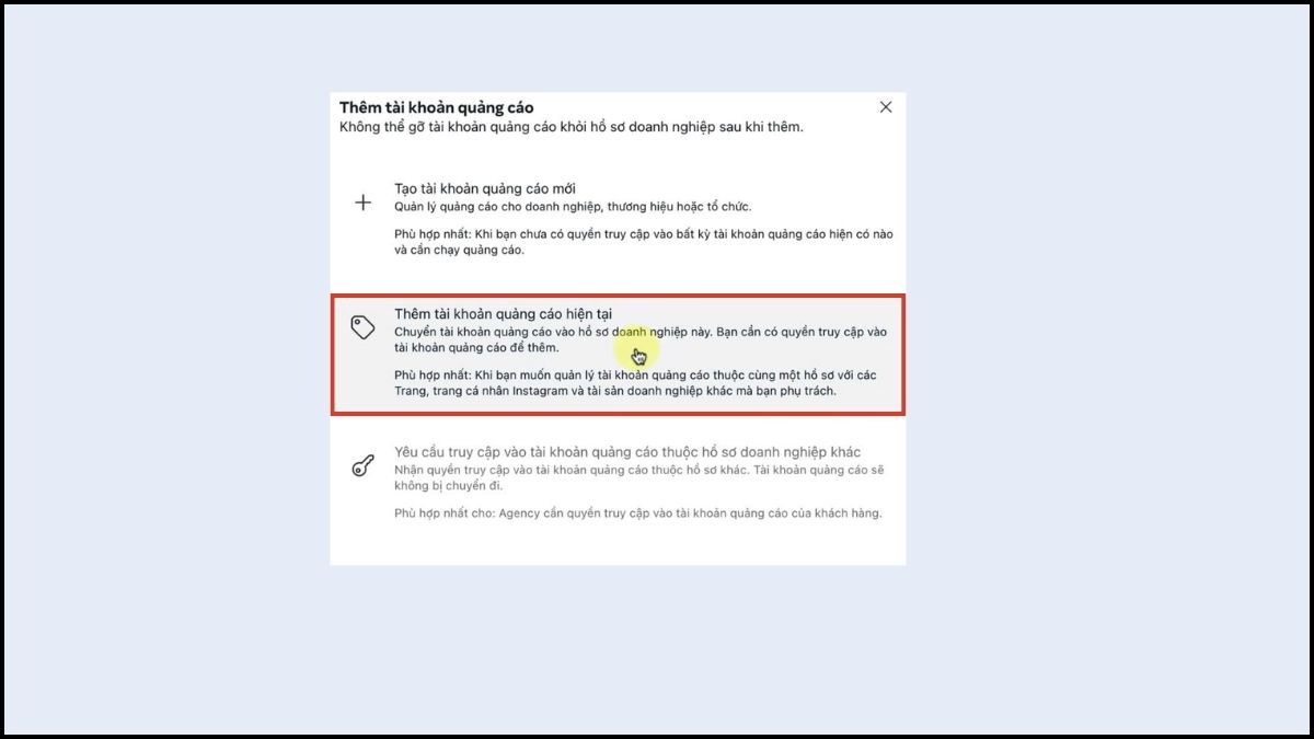 Thêm tài khoản quảng cáo vào Business Facebook - bước 2