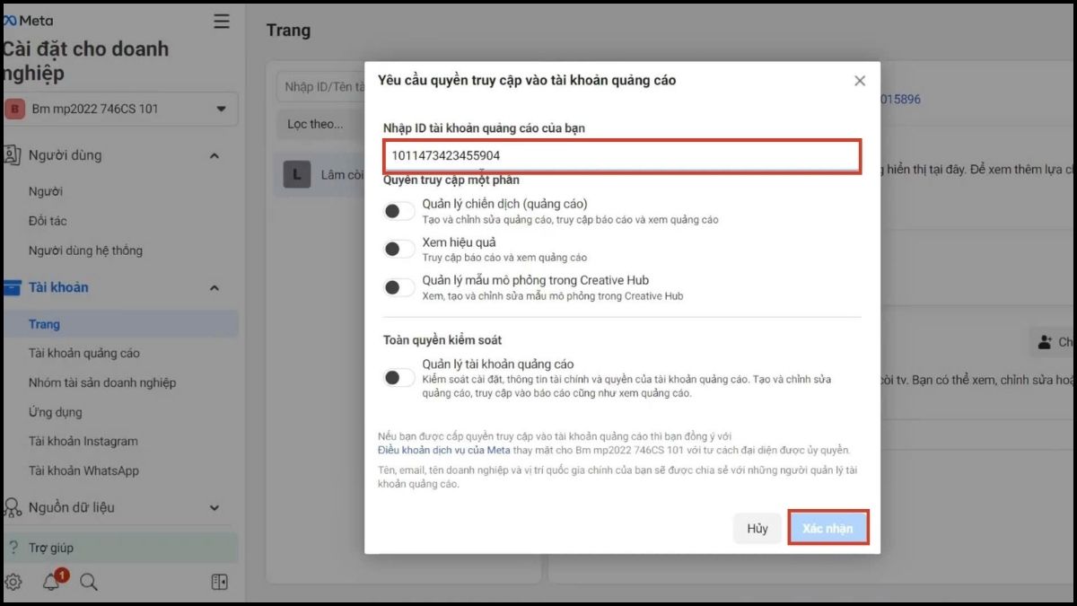 Thêm tài khoản quảng cáo vào Business Facebook - bước 3