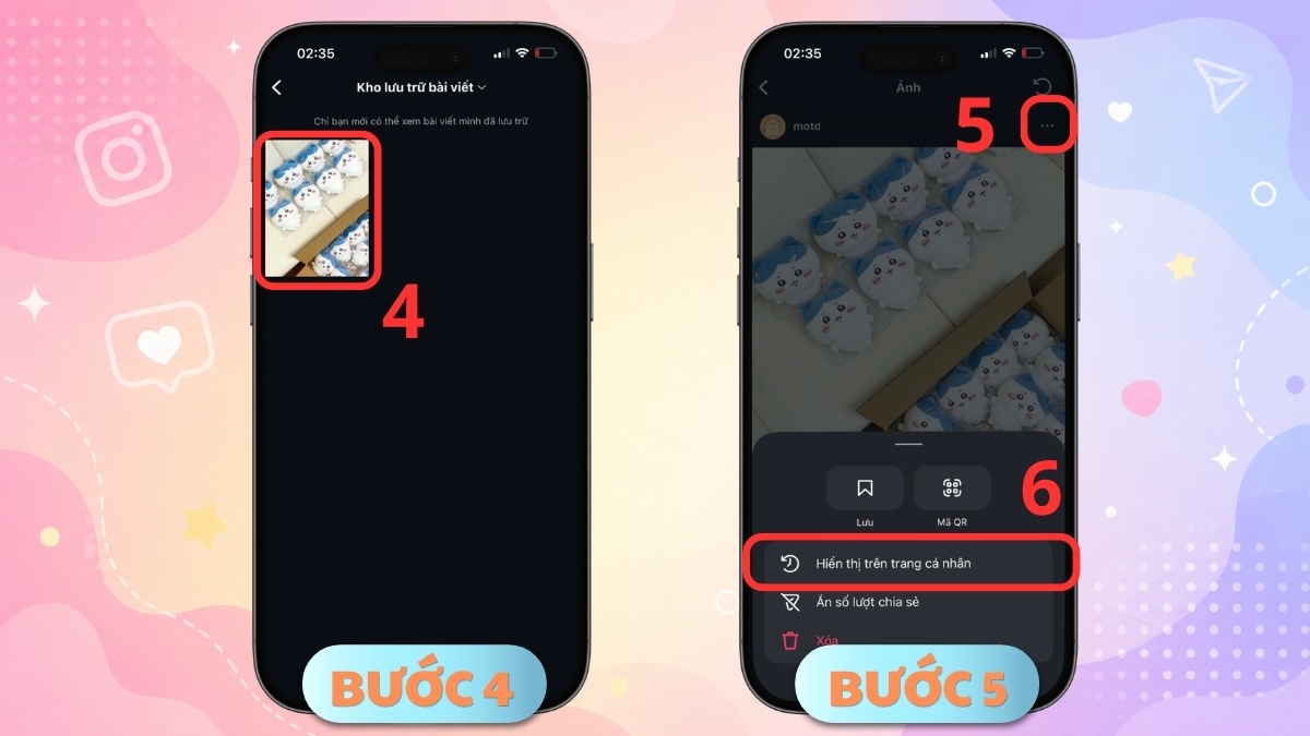 Cách bỏ ẩn bài viết trên Instagram - bước 4,5