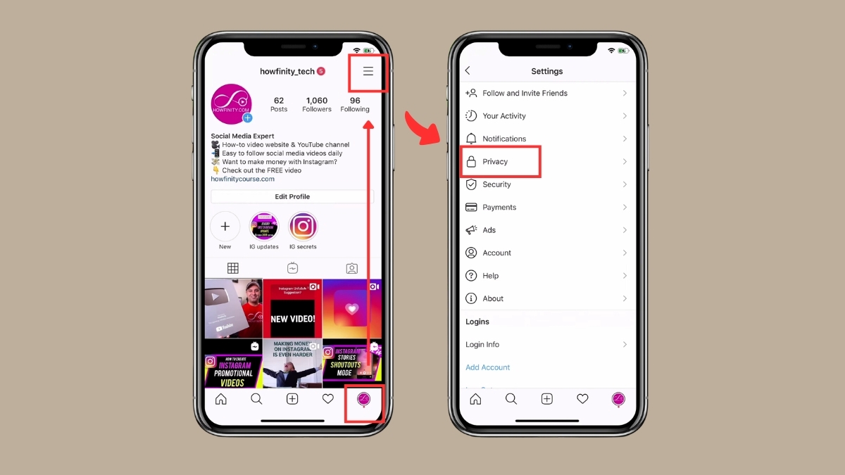 Cách ẩn người theo dõi trên Instagram bằng chế độ tài khoản riêng tư trên điện thoại - bước 1,2,3