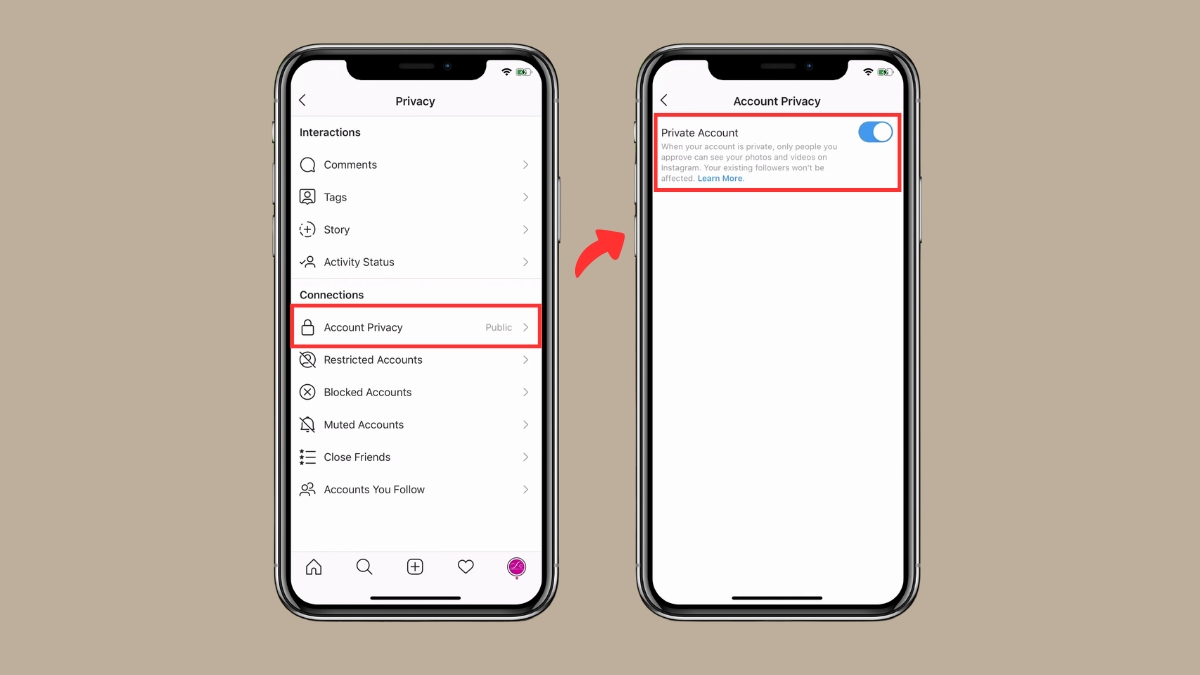 Cách ẩn người theo dõi trên Instagram bằng chế độ tài khoản riêng tư trên điện thoại - bước 4,5