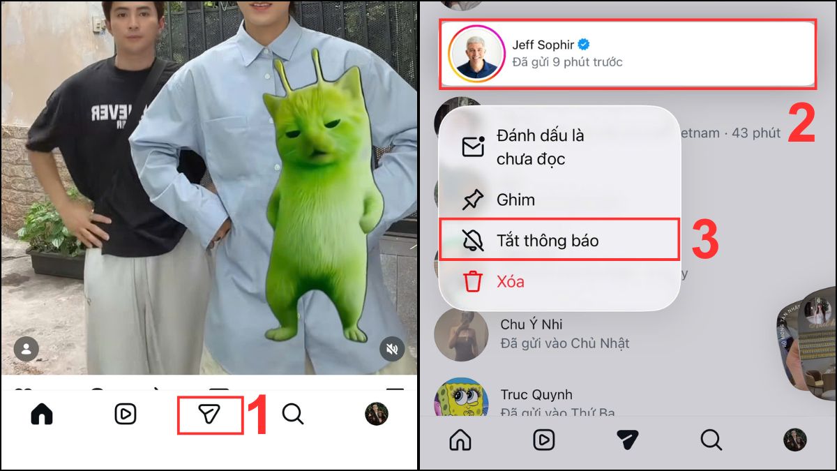 Cách ẩn tin nhắn Instagram bằng tính năng tắt tiếng hội thoại - bước 1,2,3