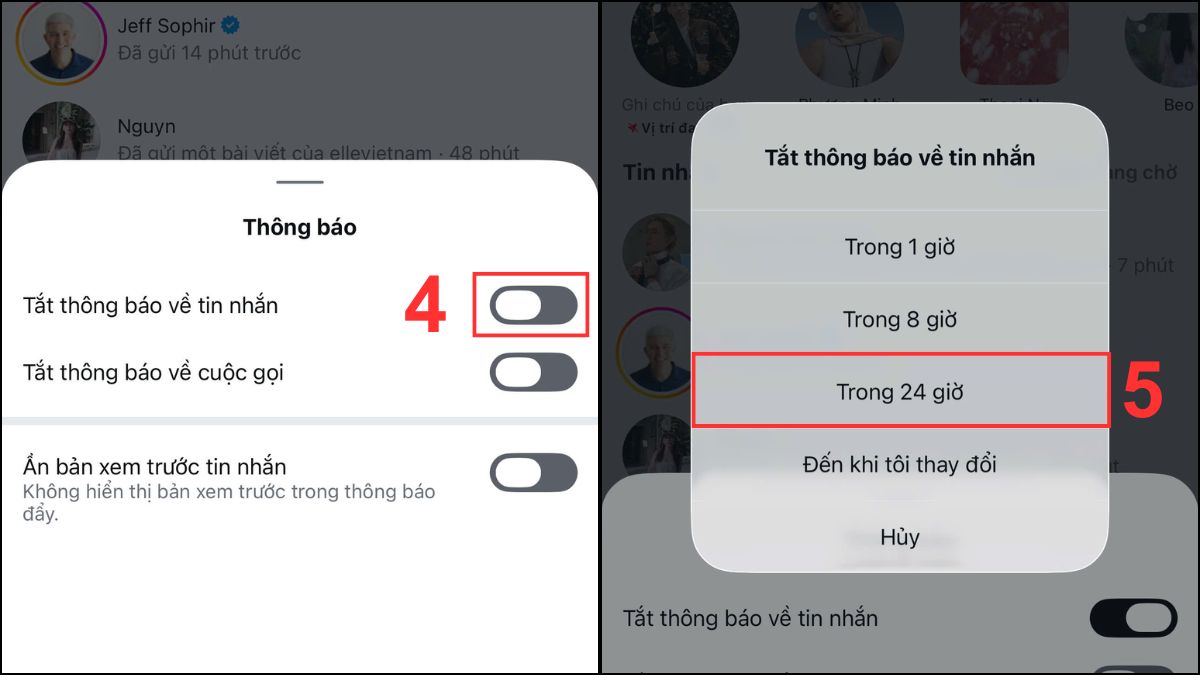 Cách ẩn tin nhắn Instagram bằng tính năng tắt tiếng hội thoại - bước 4,5