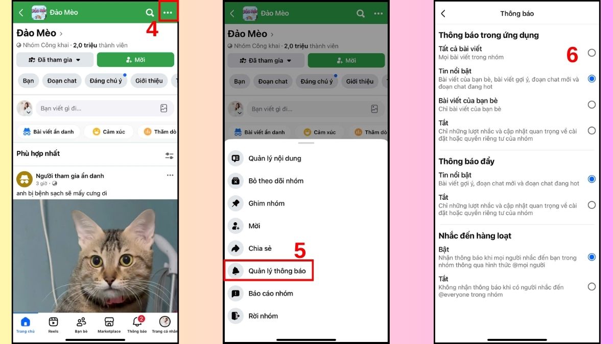 Cách bật thông báo nhóm trên Facebook trên điện thoại - bước 2,3