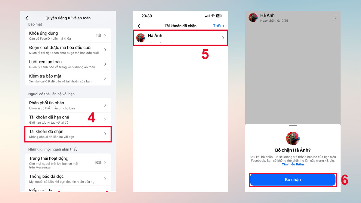 Cách bỏ chặn khi đã xóa tin nhắn trên Messenger bằng điện thoại - bước 2,3