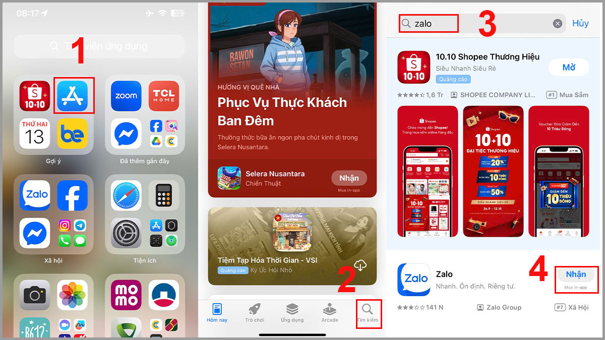 cách cài đặt Zalo trên iPhone qua Appstore - bước 1,2,3