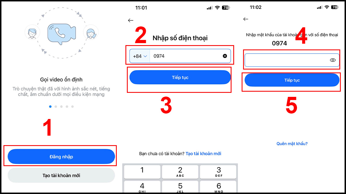 cách cài đặt Zalo trên iPhone - đăng ký tài khoản có sẵn - bước 1,2,3
