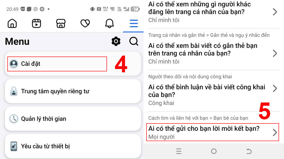 Cách chặn lời mời kết bạn trên Facebook bằng điện thoại - bước 4,5