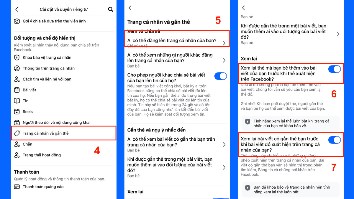 Cách chặn tag trên bài viết Facebook bằng điện thoại - bước 2,3