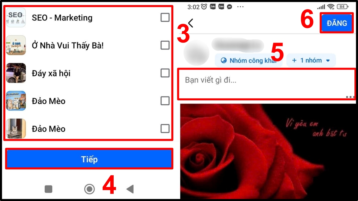 Cách chia sẻ bài vào nhóm trên Facebook trên điện thoại - bước 1,2