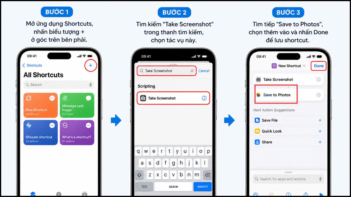 Cách chụp màn hình iPhone 15 (Plus/Pro/Pro Max)  tạo shortcut chụp màn hình - bước 1,2, 3